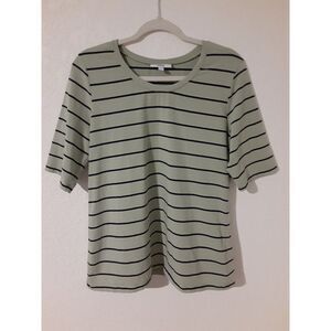 Country Store Womens 3/4 Sleeve Green Blue Striped Round Collar Pull On Shirt